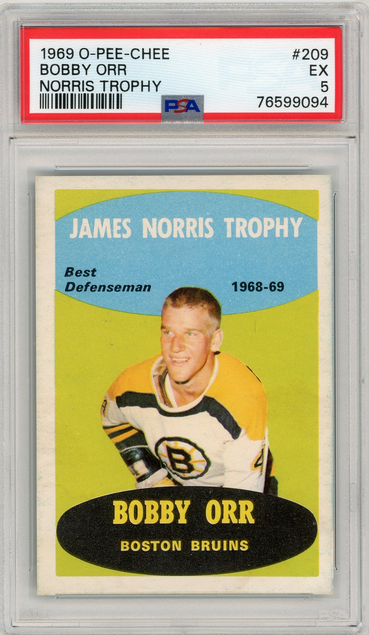 1969 O-Pee-Chee #209 Bobby Orr Norris Trophy Winner HOF PSA 5