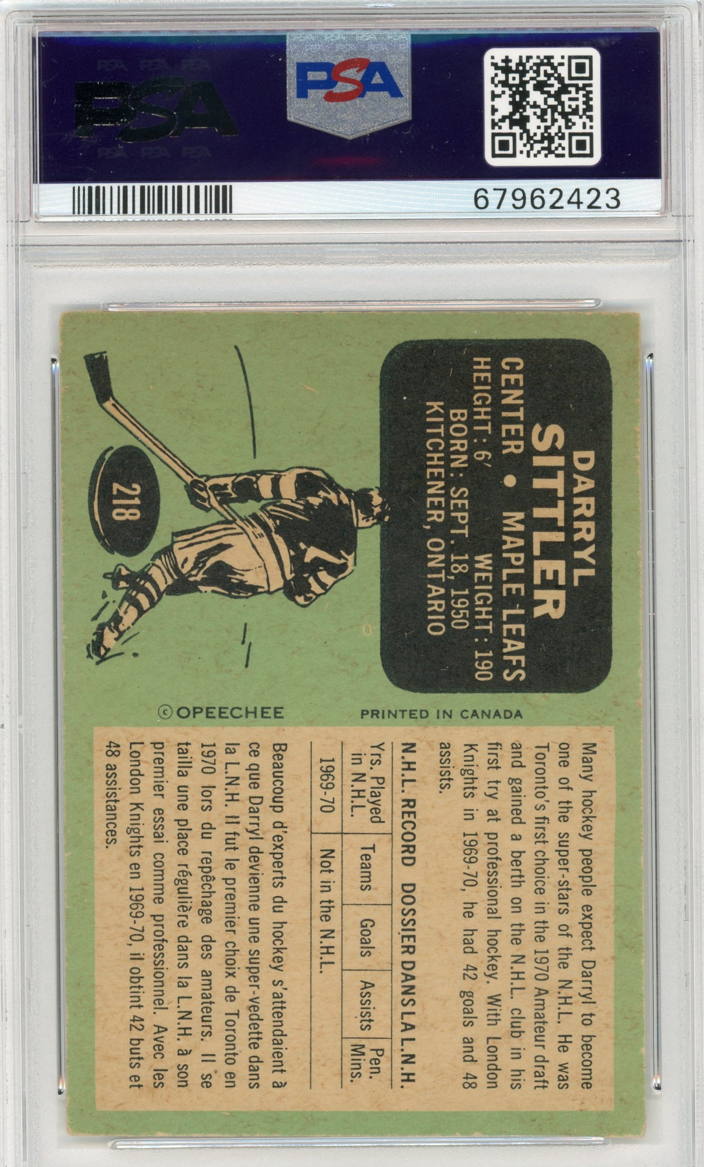 1970 O-Pee-Chee #218 Darryl Sittler RC HOF PSA 4