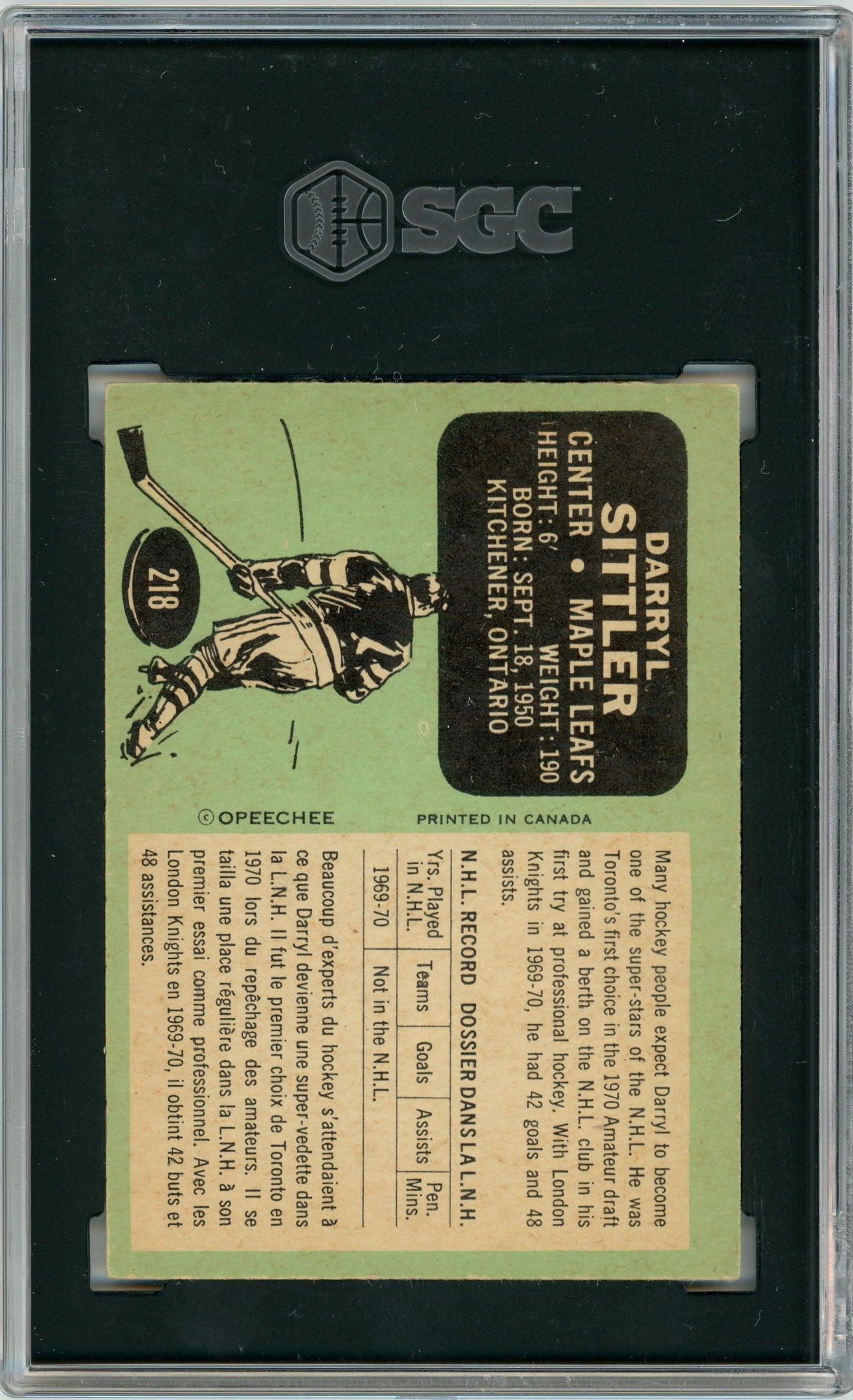 1970 O-Pee-Chee #218 Darryl Sittler RC HOF SGC 5.5