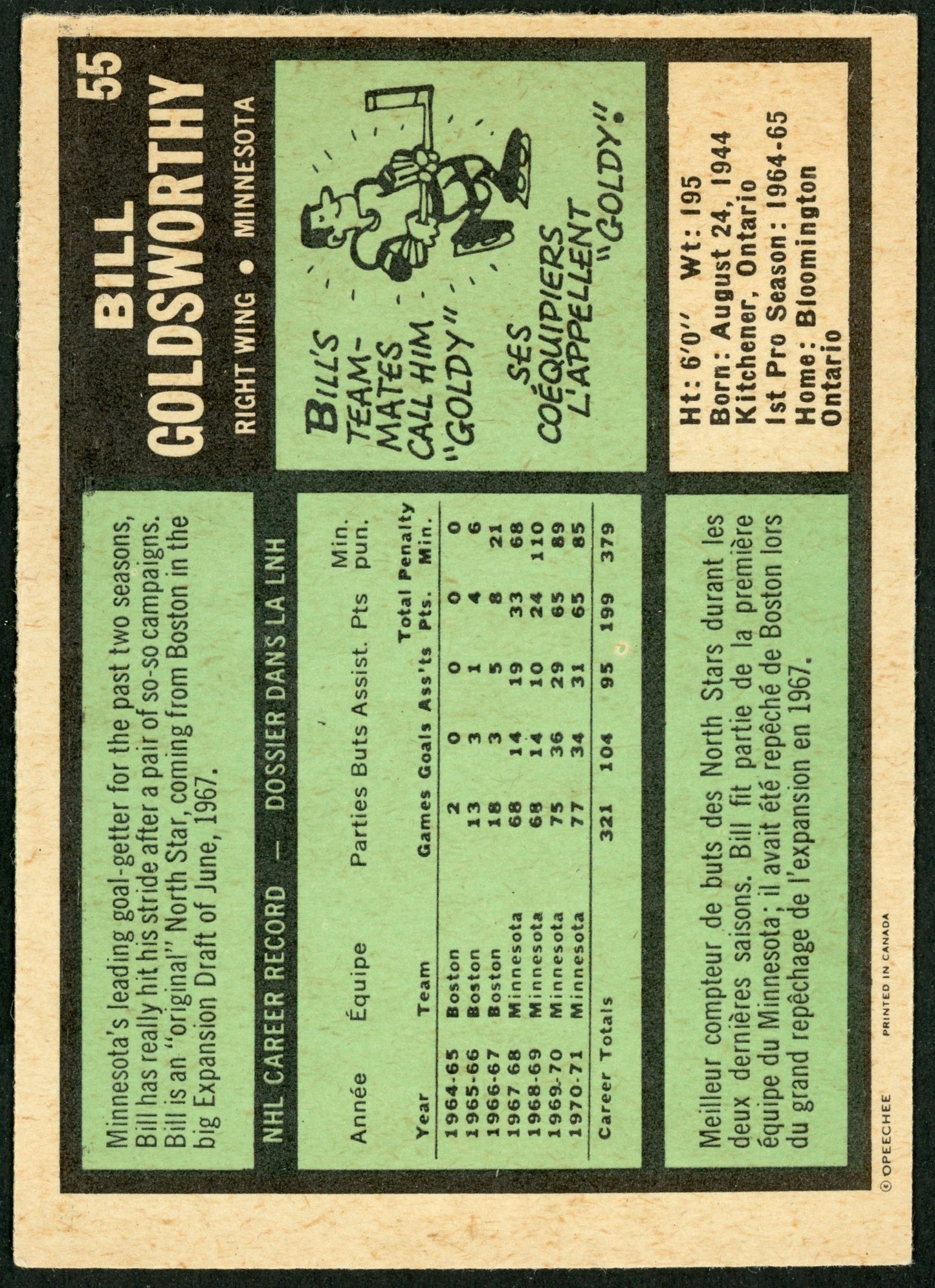 1971 O-Pee-Chee #055 Bill Goldsworthy