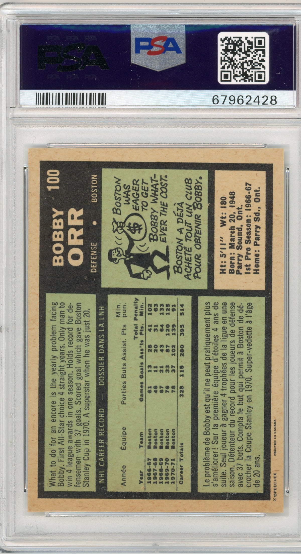 1971 O-Pee-Chee #100 Bobby Orr HOF PSA 5