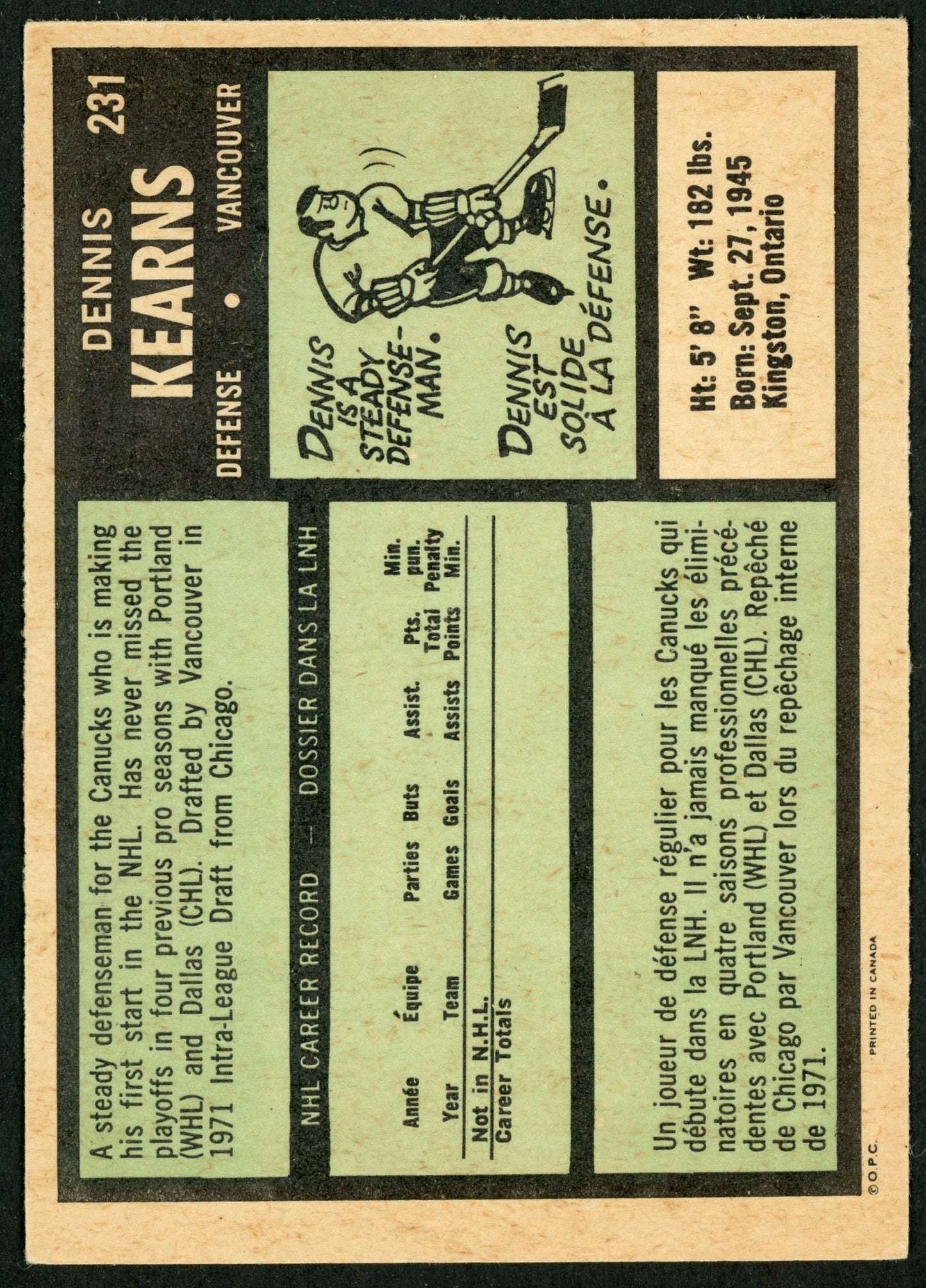 1971 O-Pee-Chee #231 Dennis Kearns