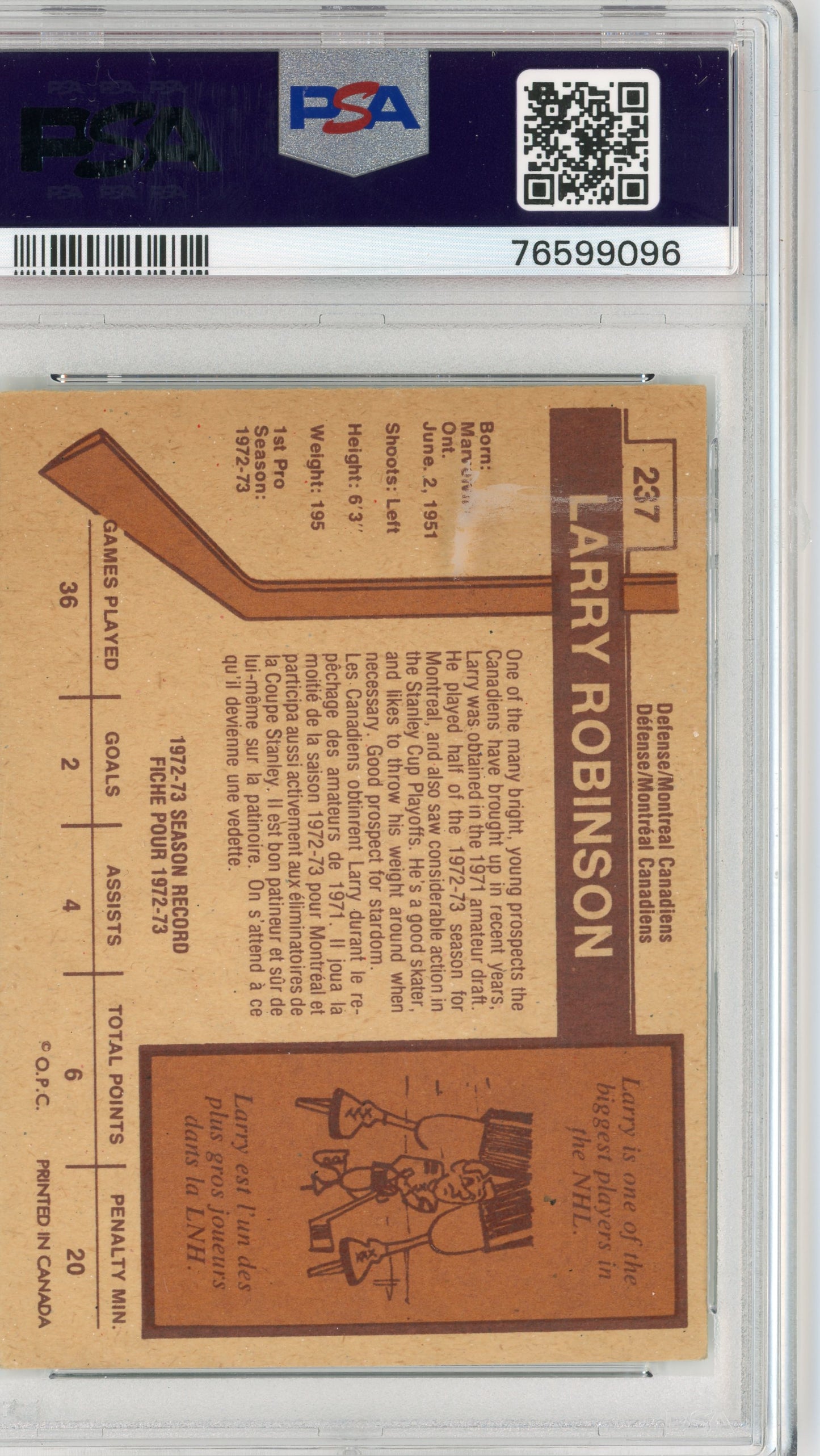 1973 O-Pee-Chee #237 Larry Robinson PSA 5 RC HOF