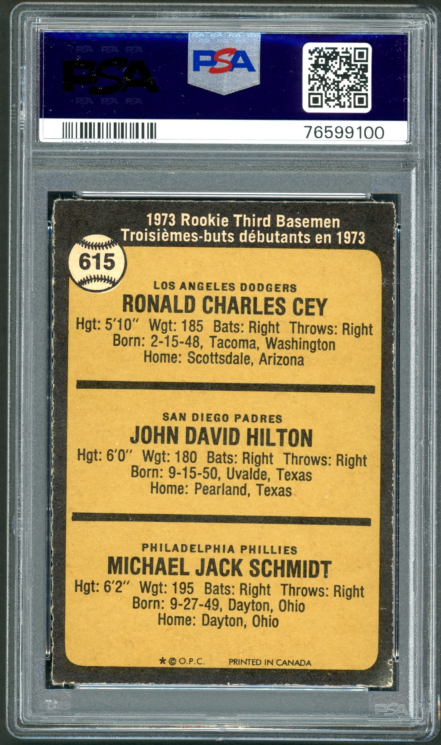 1973 O-Pee-Chee #615 Mike Schmidt RC HOF PSA 7