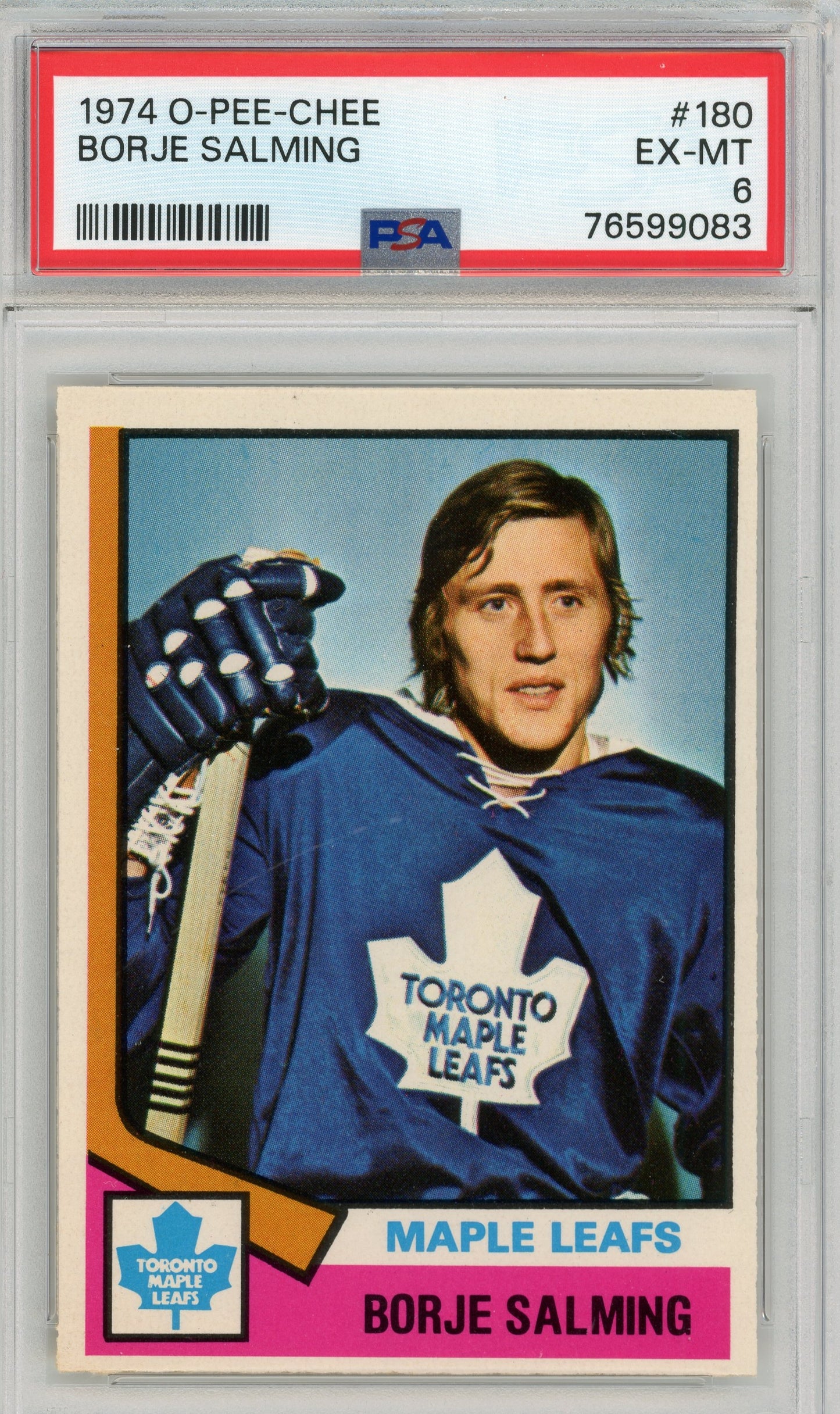 1974 O-Pee-Chee #180 Borje Salming RC HOF PSA 6